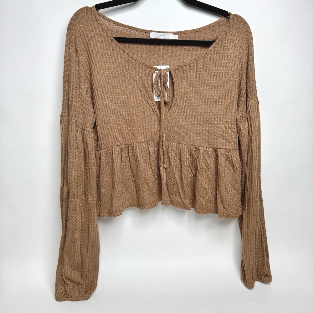 LUSH Women's XS Cappucino Brown Waffle Kni Cropped Long Sleeve Top NWT